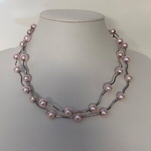 Pink Faux Pearl Silver Tone Necklace Double Strand Wavy Bar Beaded Jewelry
